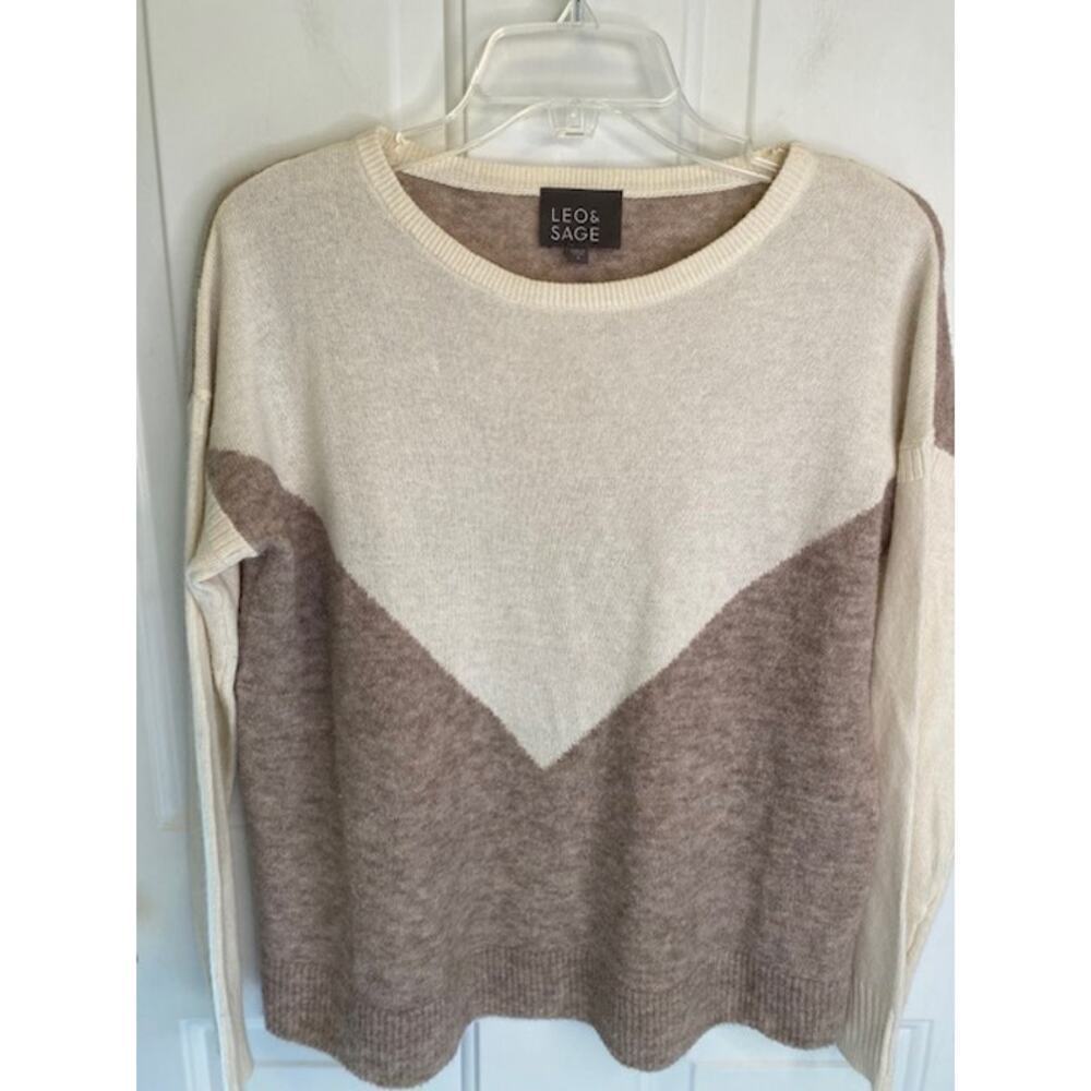 WOMENS LEO & SAGE WOMENS TAUPE CREAM WOOL CASHMERE CREW-NECK SWEATER‎ SZ SMALL